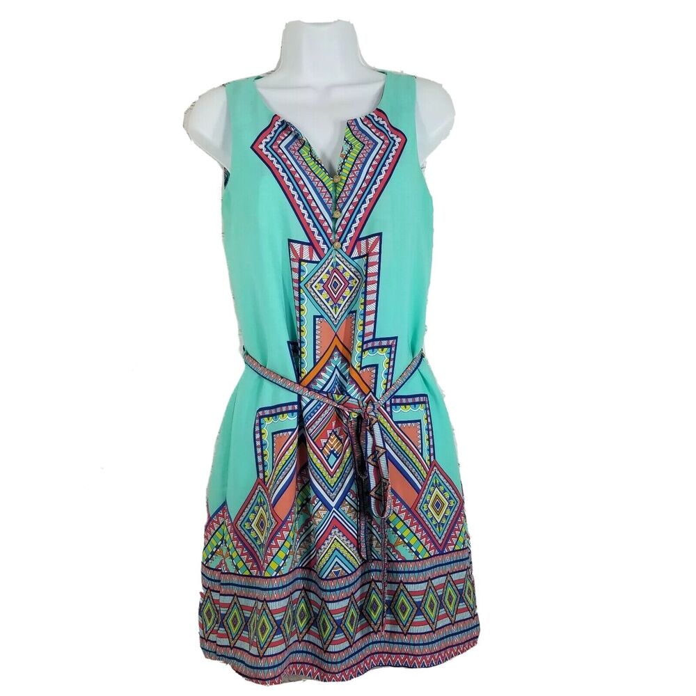 Pink Owl Womens Dress Small Sleeveless Geometric Teal Green Belted Knee Length